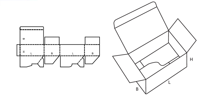 Faltschachtel Verpackung FEFCO 0713 mit Automatikboden mit Einstecklasche technische Zeichnung